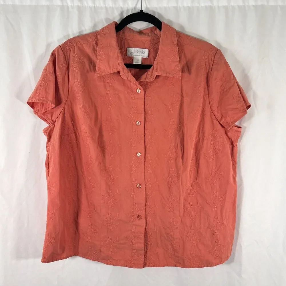 CJ Banks Blouse Women's 1X Orange Floral Button Up Short Sleeve Collared